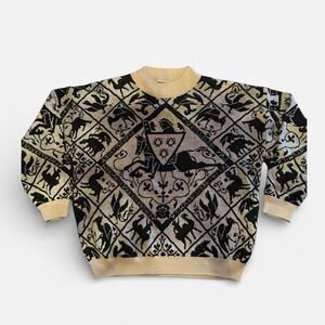 Vintage 80s Black and Cream Patterned Wool Blend Sweater size M